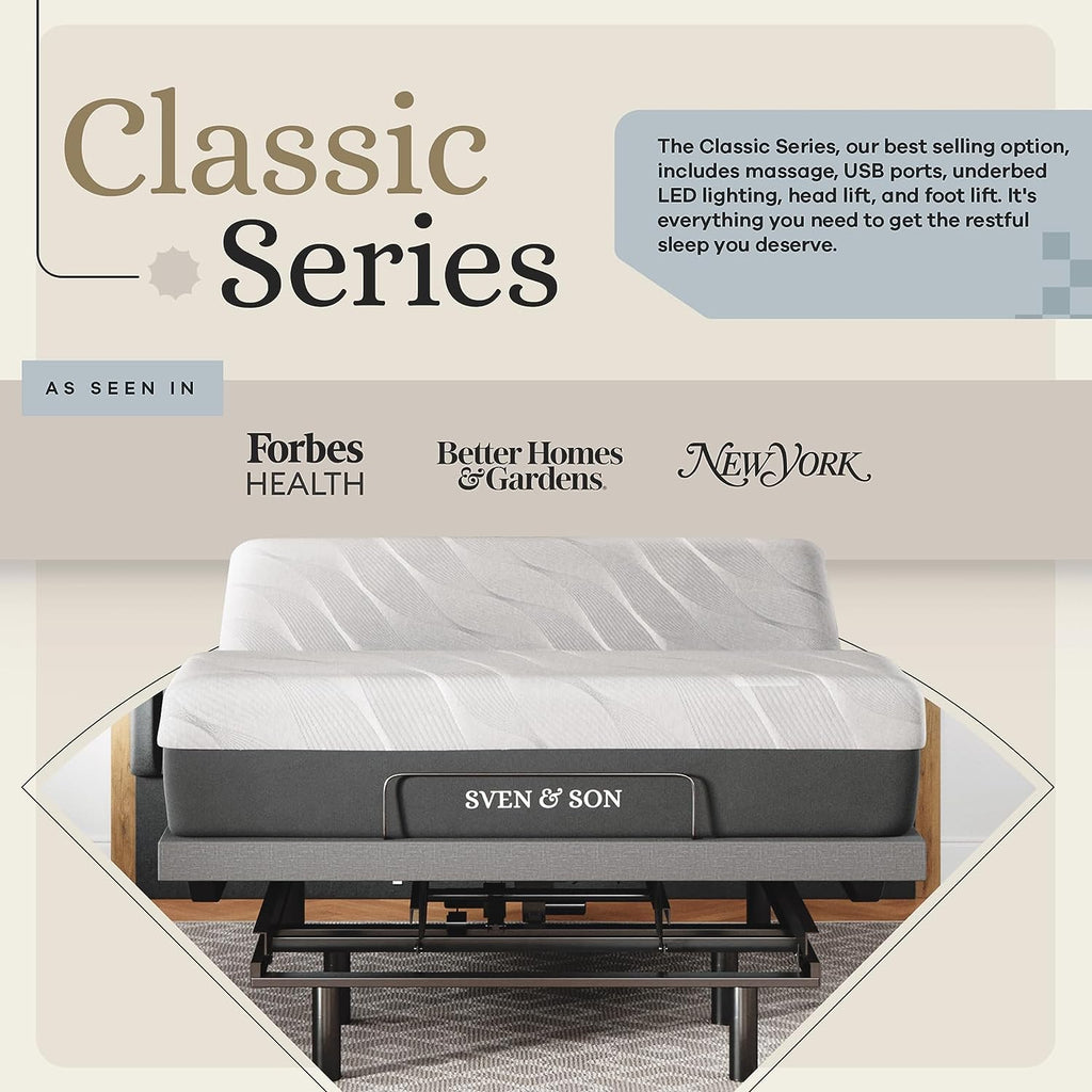 Sven & Son Queen Adjustable Bed Base with Massage, USB, Under-Bed Lights & 10 Inch Firm Gel Memory Foam Mattress - Ultimate Comfort & Support