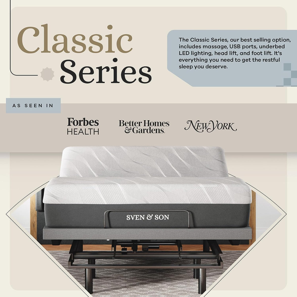 Sven & Son Queen Adjustable Bed Base with Massage, USB, Under-Bed Lights & 10 Inch Firm Gel Memory Foam Mattress - Ultimate Comfort & Support