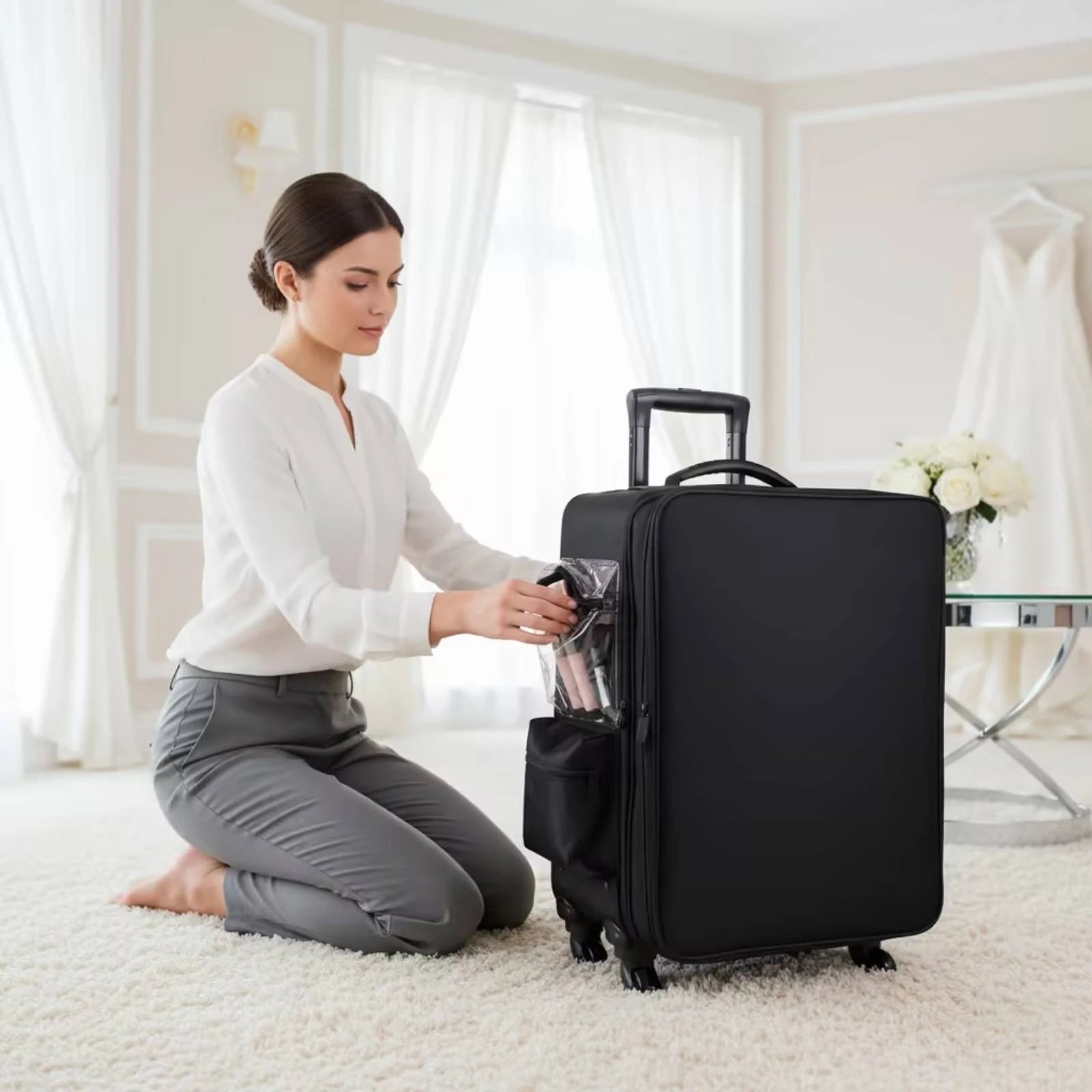 Makeup Case with Rotating Wheels Wheeled Resekosmetikväska Rolling Organizer with Dividers Telescoping Rolling Makeup Case