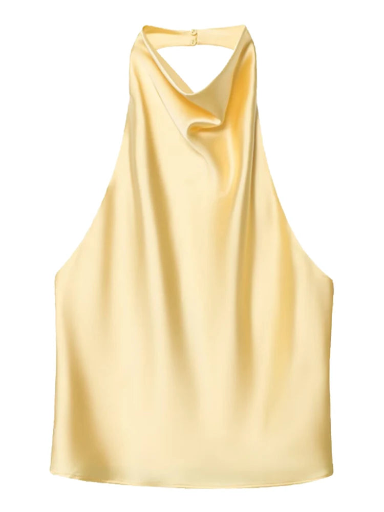 HXAO Top Women Halter Satin Women Tops Backless Corset Top Vest Yellow Pink Black Summer Elegant Sexy Tops Tank Vestidos