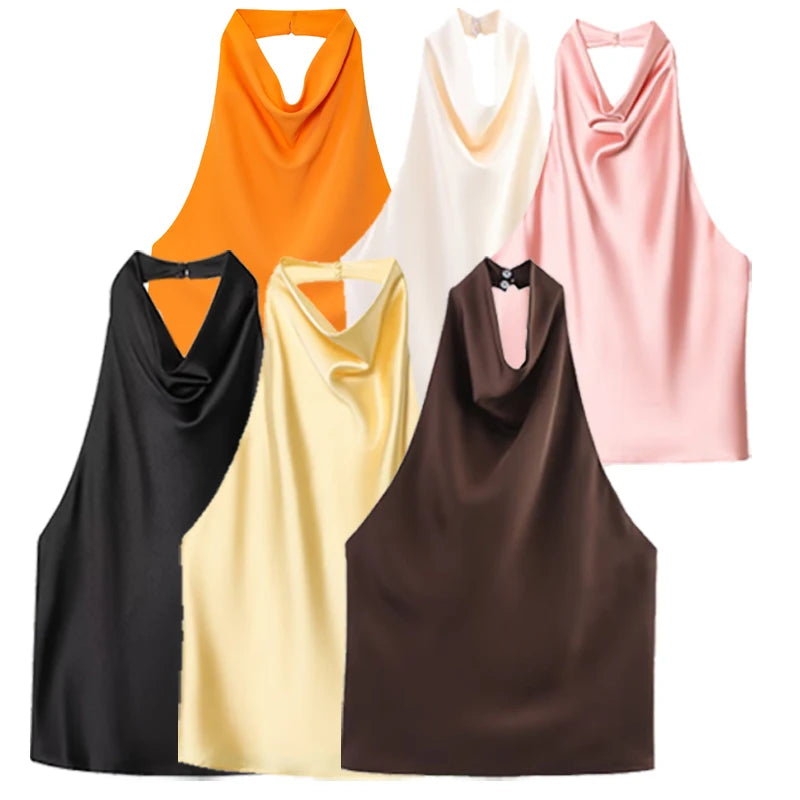 HXAO Top Women Halter Satin Women Tops Backless Corset Top Vest Yellow Pink Black Summer Elegant Sexy Tops Tank Vestidos