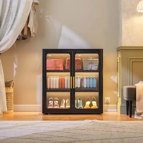 Display Cabinet with Glass Doors and RGB Lights for Collectibles | 34" Curio Cabinet with 2 Adjustable Shelves