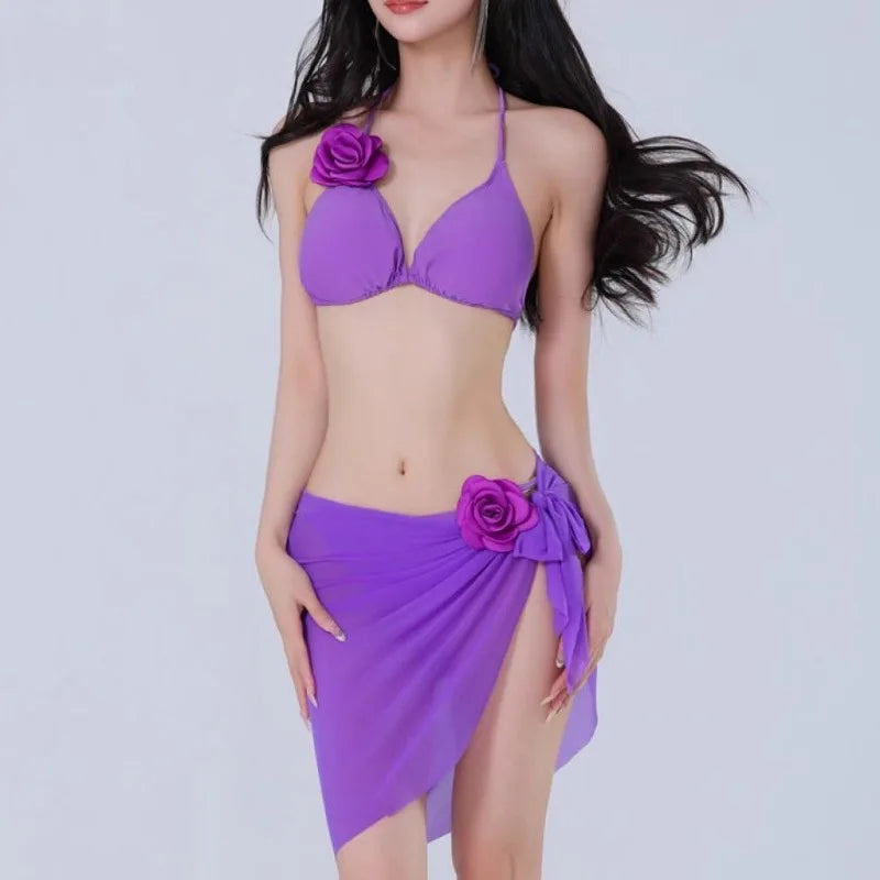 2026 New Women's Thai Style Yellow Floral 3 Piece Swimsuit Set Sexy High Waisted Bikini Luxury Resort Wear Beach Outfit
