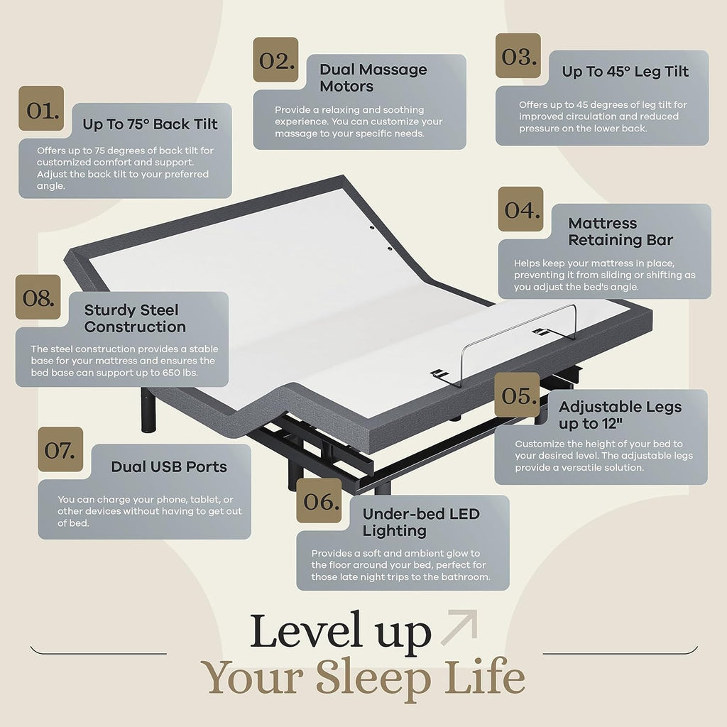 Sven & Son Queen Adjustable Bed Base with Massage, USB, Under-Bed Lights & 10 Inch Firm Gel Memory Foam Mattress - Ultimate Comfort & Support