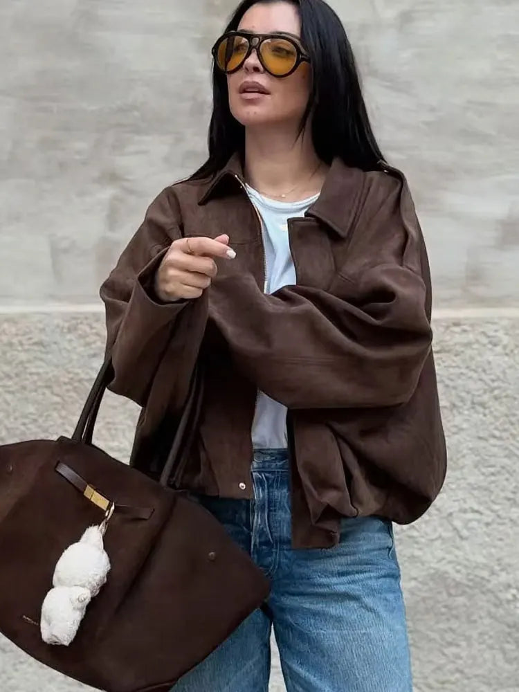 HH Women's Street Fashion Solid Loose Suede Texture Coats Causal Long Bat Sleeves Lapel Zipper Fly Winter Vintage Jackets