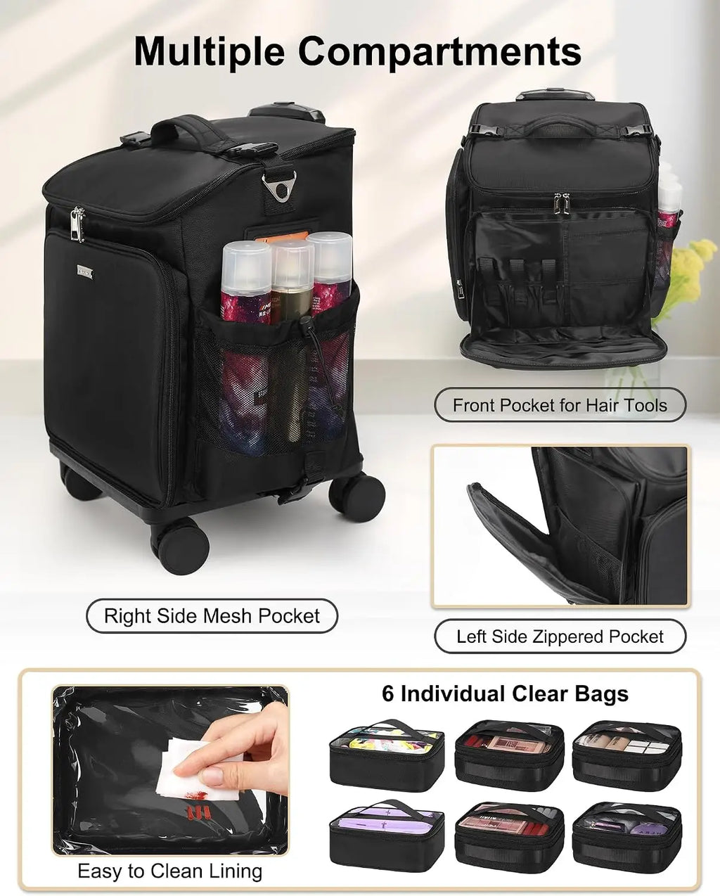 Rolling Makeup Case Hair Tools Travel Bag Cosmetology Case on Wheels with 6 Clear Bags, Professional Hairstylist