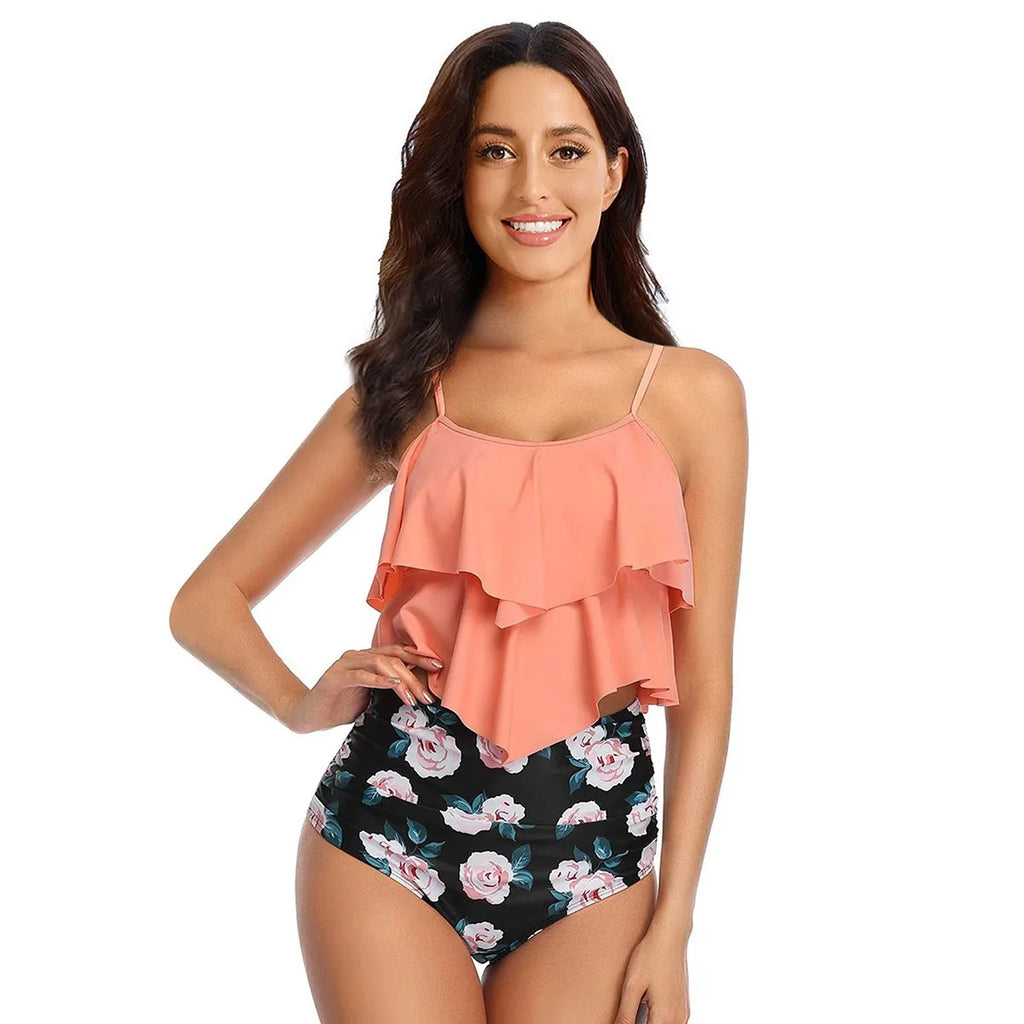Women Bikini Ruffle Top High Waist Bottom Palm Print Bikinis Sleeveless Cropped Top Two Piece Swimsuit Tankini Women's Swimwear