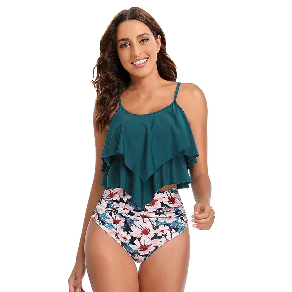 Women Bikini Ruffle Top High Waist Bottom Palm Print Bikinis Sleeveless Cropped Top Two Piece Swimsuit Tankini Women's Swimwear