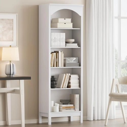 Arched Bookshelf with 5 Tier Open Shelves, 71" Tall Wood Bookcase with Adjustable Shelves, 24" Wide Floor Standing, Customized