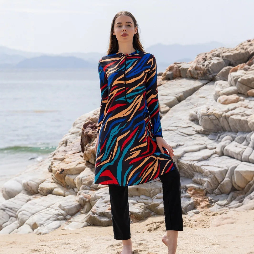 Long Sleeve Swimsuit High Neck Front Zipper Swimwear A Line Abstract Print Maxi Length Multicolor Black Base Modest Bathing Suit