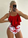 Women Bikini Ruffle Top High Waist Bottom Palm Print Bikinis Sleeveless Cropped Top Two Piece Swimsuit Tankini Women's Swimwear