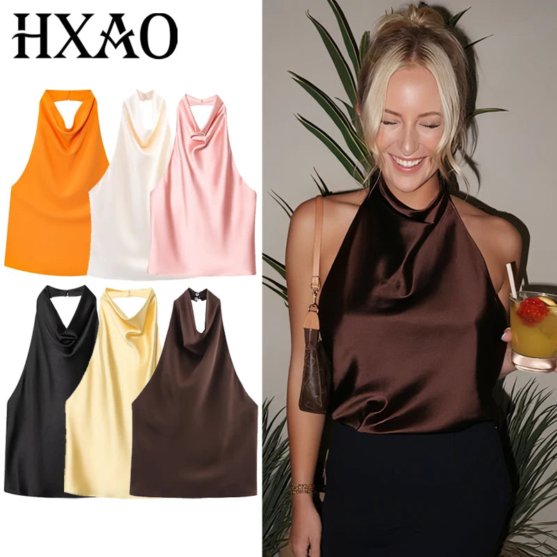 HXAO Top Women Halter Satin Women Tops Backless Corset Top Vest Yellow Pink Black Summer Elegant Sexy Tops Tank Vestidos