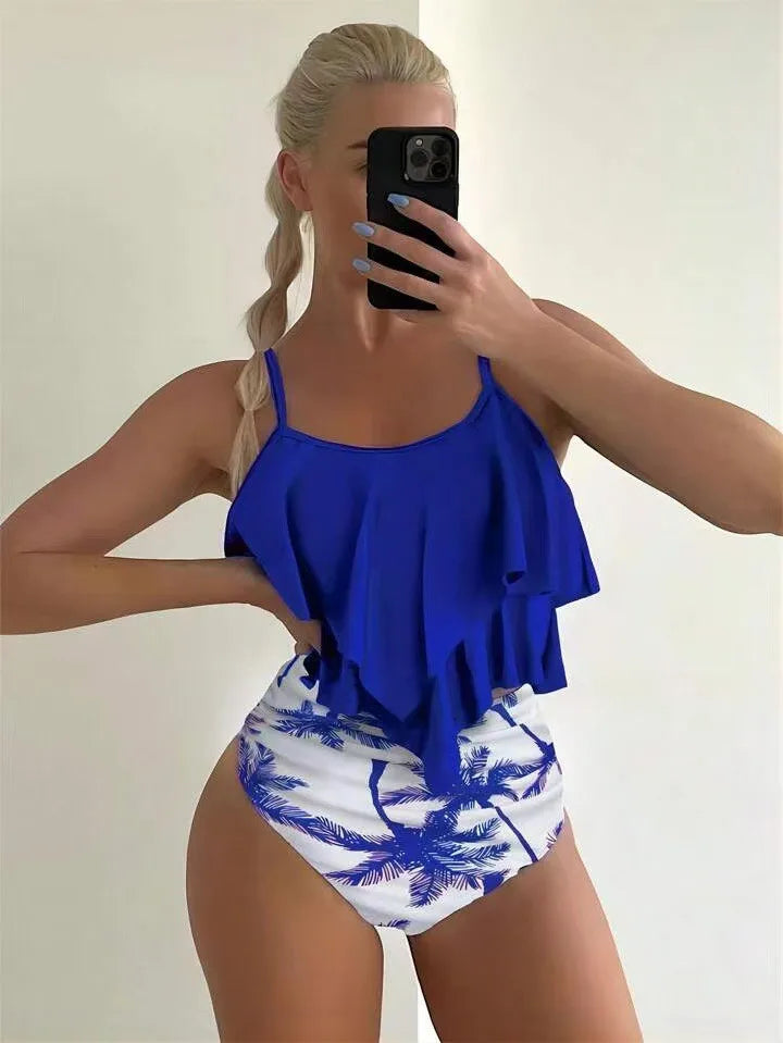 Women Bikini Ruffle Top High Waist Bottom Palm Print Bikinis Sleeveless Cropped Top Two Piece Swimsuit Tankini Women's Swimwear