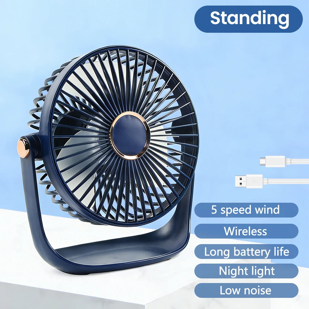 Portable Mini Desktop Fan Light Adjustable Angle 5 Speed Settings Rechargeable Battery Quiet Charging for Home Outdoors