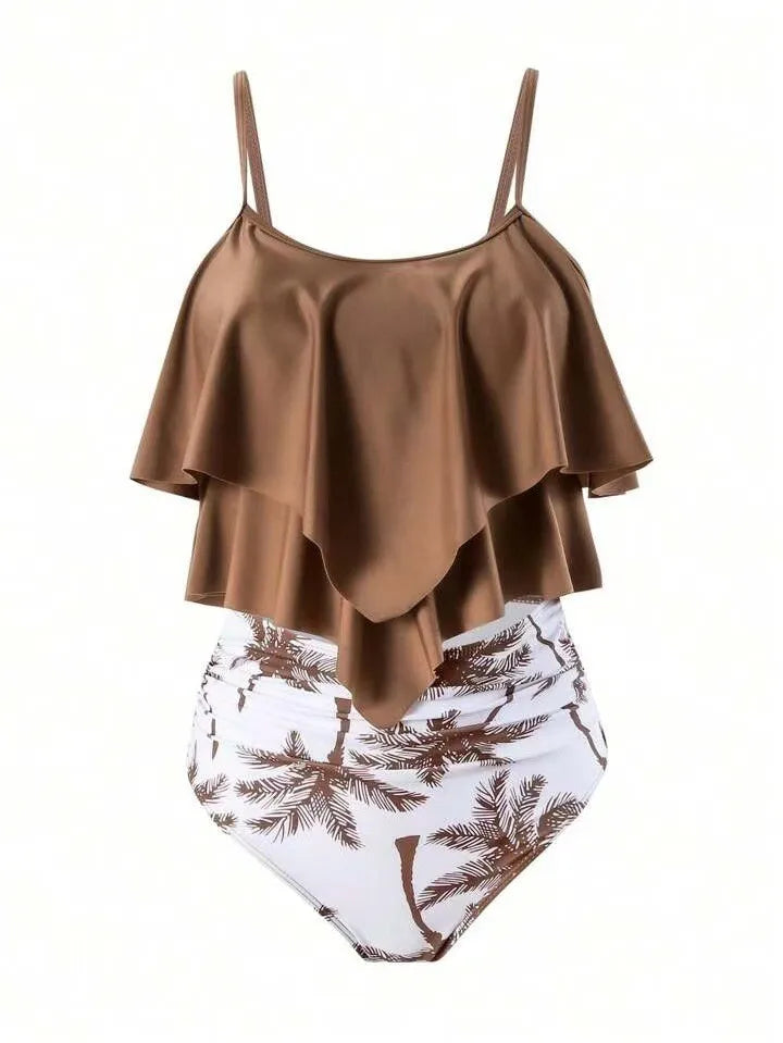Women Bikini Ruffle Top High Waist Bottom Palm Print Bikinis Sleeveless Cropped Top Two Piece Swimsuit Tankini Women's Swimwear