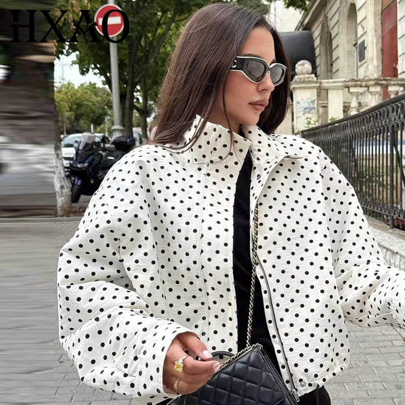 HXAO Polka Dot Bomber Jacket Women's Jackets Demi-Season Oversized Long Sleeve Top Outerwear Aviator Plus Size Zip Up Crop Coats