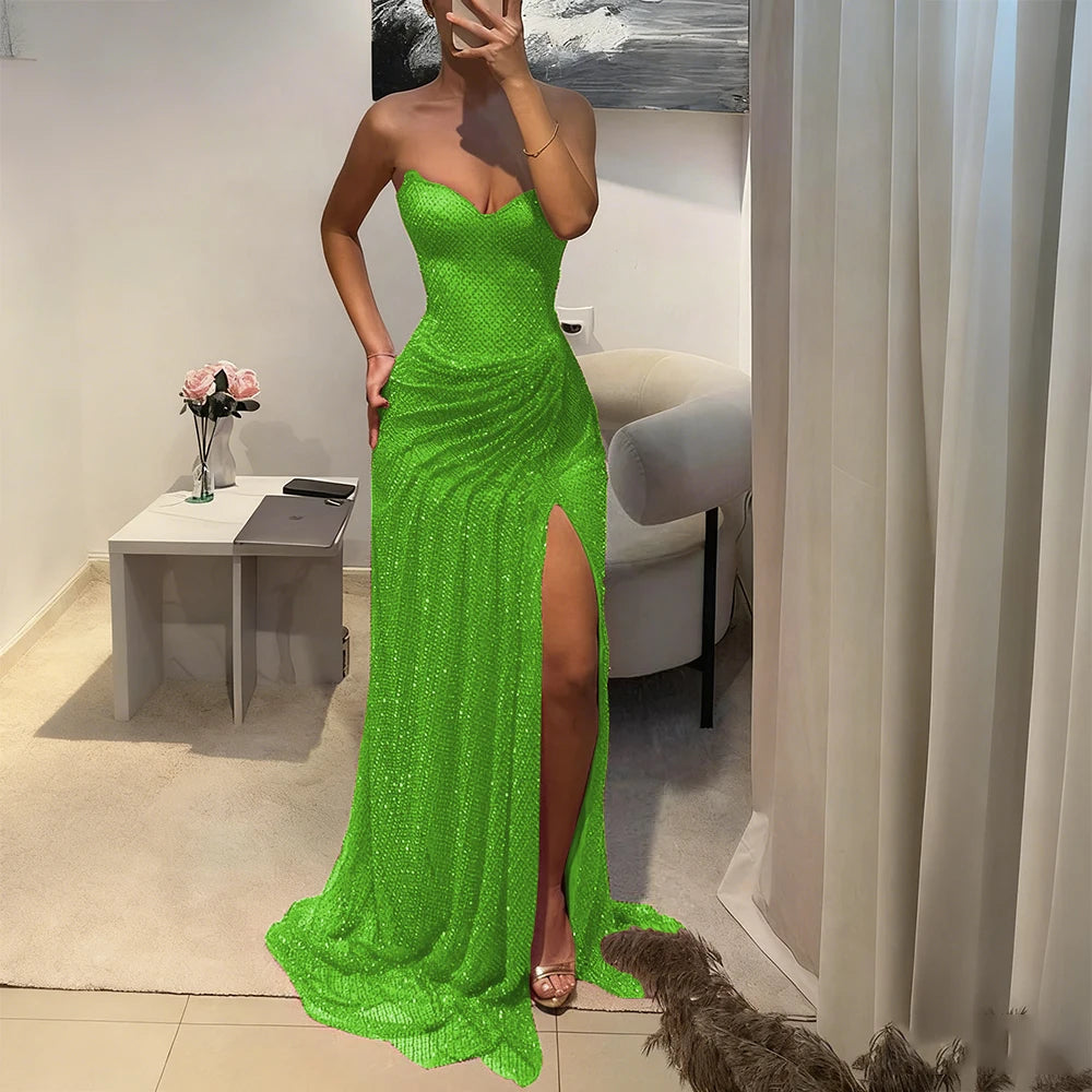 Exquisite Evening Dresses Women Vent Strapless Sleeveless High Quality Floor Lengh Prom Party Female Gowns Sweep Train Classic