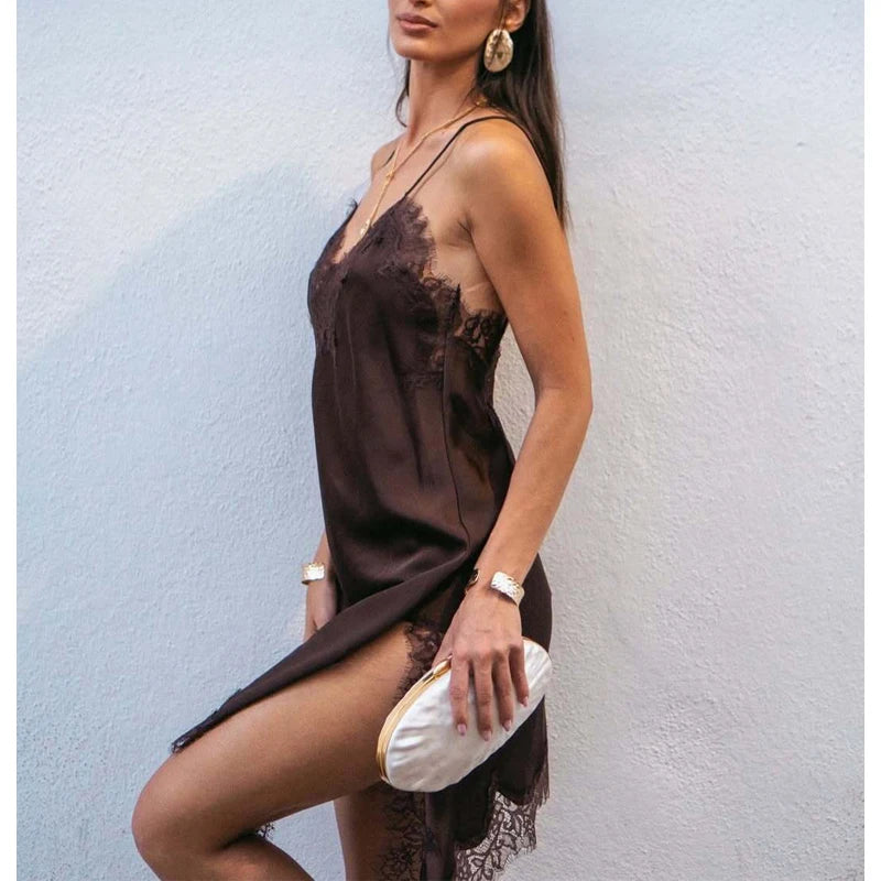 MUJER Lace Slip Mini Dress Women Satin Backless Summer Dress Woman Asymmetric Party Women's Dress Sexy Beach Dresses for Women