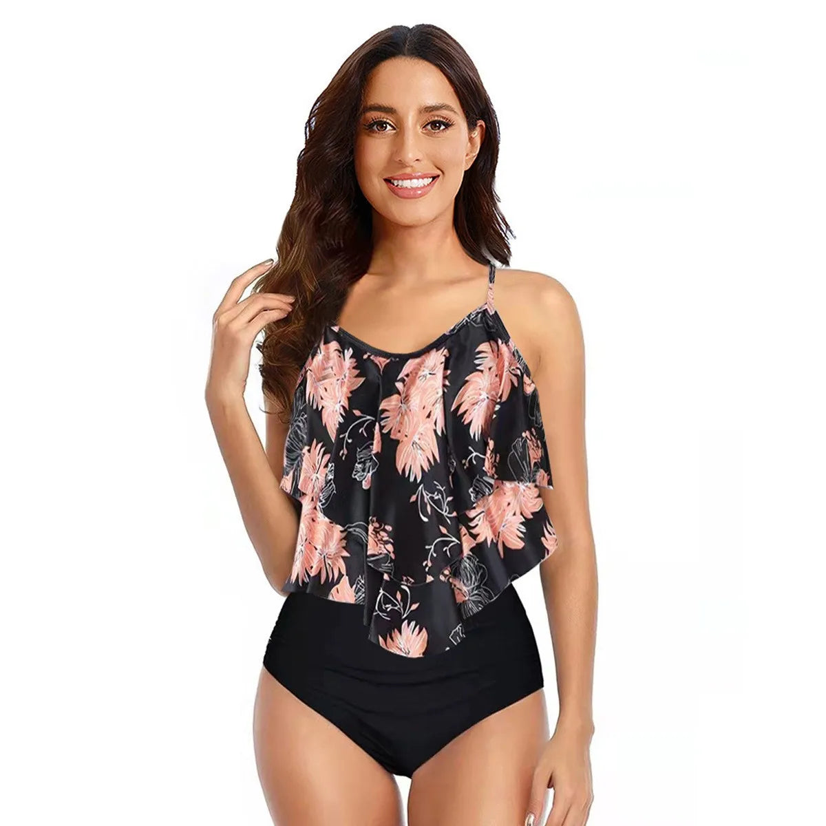 Women Bikini Ruffle Top High Waist Bottom Palm Print Bikinis Sleeveless Cropped Top Two Piece Swimsuit Tankini Women's Swimwear