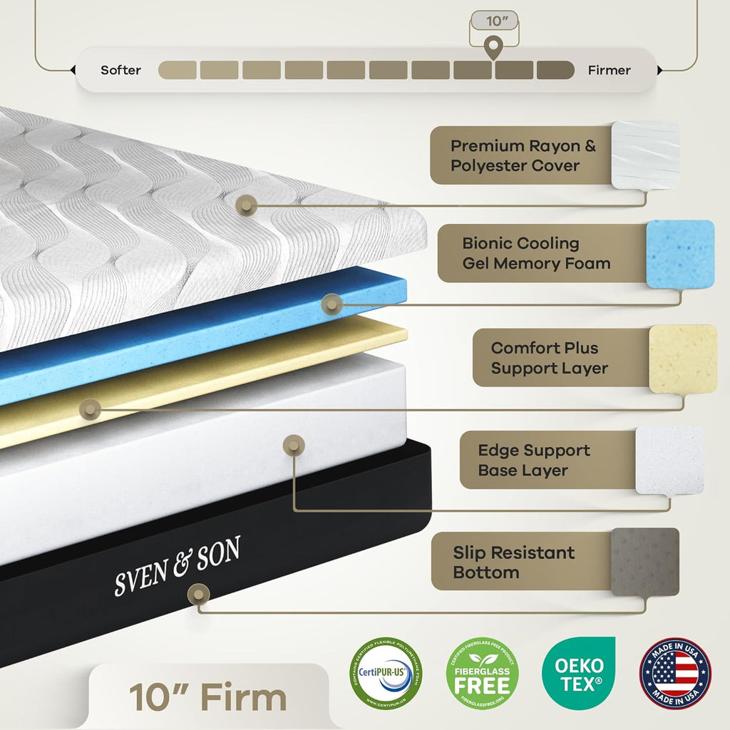 Sven & Son Queen Adjustable Bed Base with Massage, USB, Under-Bed Lights & 10 Inch Firm Gel Memory Foam Mattress - Ultimate Comfort & Support