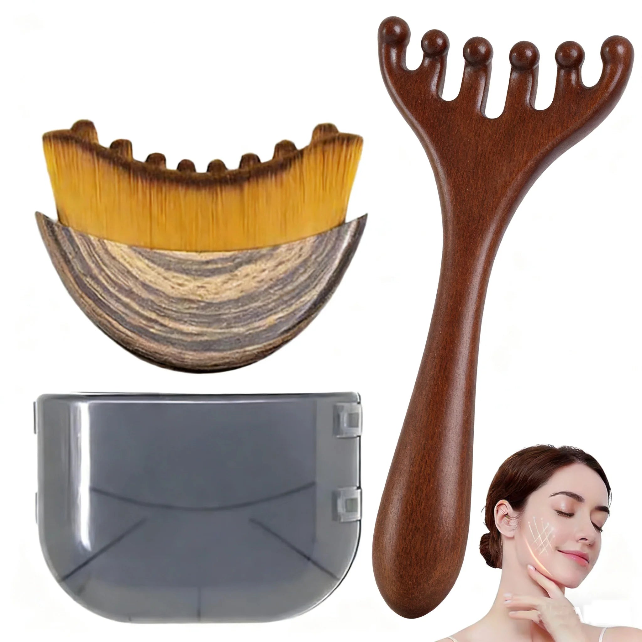 Lymphatic Contour Face Brush & Wooden Meridian Massage Comb Anti-static 6-Claw,Jawline Sculpting,Drainage Massager for Face&Head