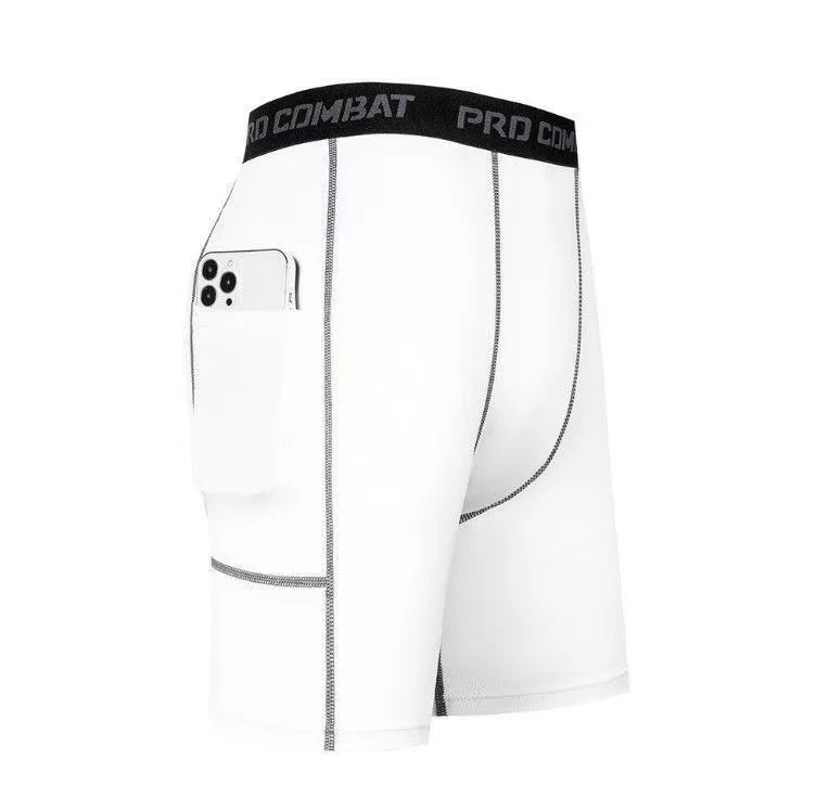 Mens Gym Shorts with Pockets Workout Compression Leggings for Men Polyester Boxer Briefs Running Basketball Athletic Tights