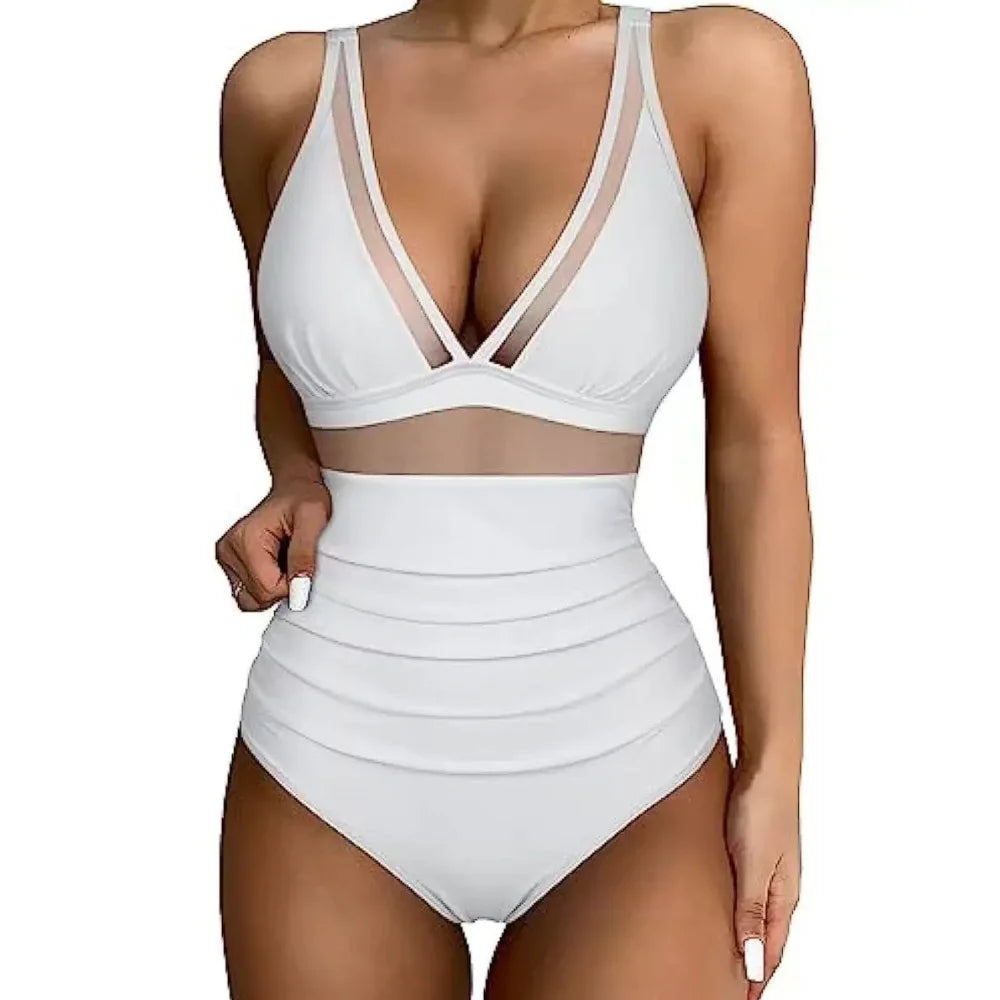 Women Deep V Mesh Cutout One Piece Swimsuit High Waist Ruched Tummy Control Bathing Suit Solid Leopard Print Swimwear Beach Pool