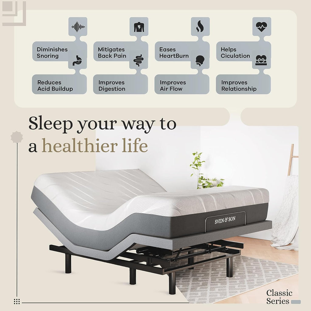 Sven & Son Queen Adjustable Bed Base with Massage, USB, Under-Bed Lights & 10 Inch Firm Gel Memory Foam Mattress - Ultimate Comfort & Support