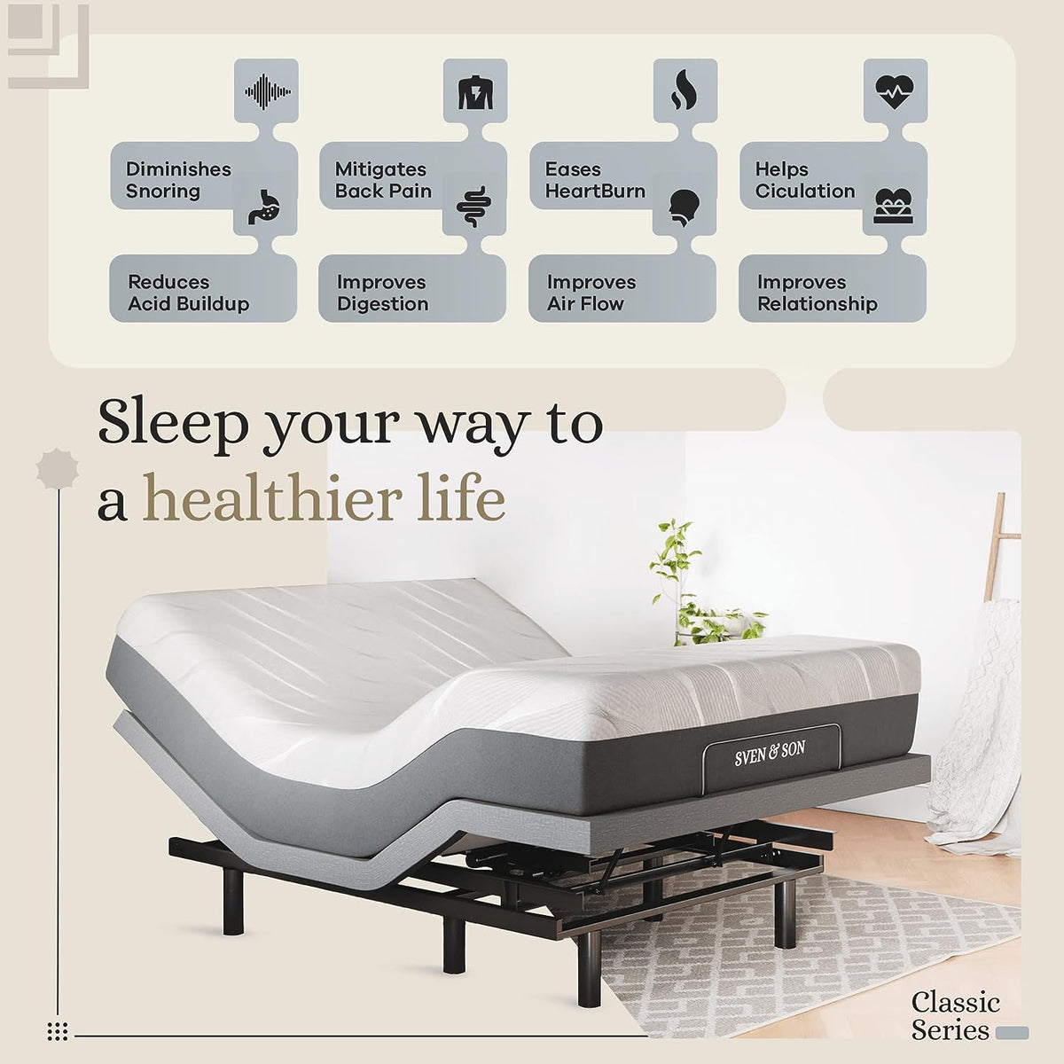 Sven & Son Queen Adjustable Bed Base with Massage, USB, Under-Bed Lights & 10 Inch Firm Gel Memory Foam Mattress - Ultimate Comfort & Support