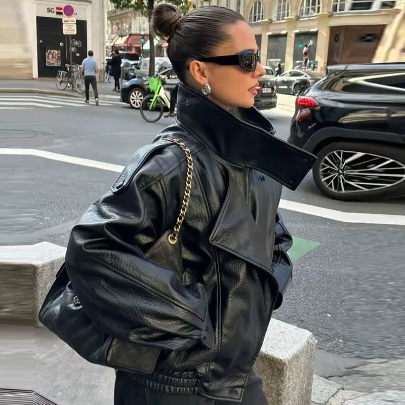 HXAO Faux Leather Black Jackets For Woman New Arrival Cropped Oversize Bomber Jacket Zip-Up Long Sleeve Coats Motorcycle Jackets